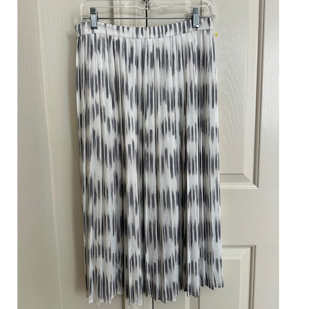 Brochu Walker Ikat Stripe Pleated Midi Skirt Grey White Medium Quiet Luxury